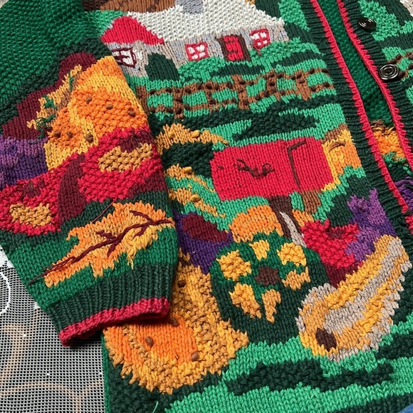 Colorful Farmhouse Scene Sweater Vintage 80โs Hand Knit Cardigan Bay - Picture 5 of 11